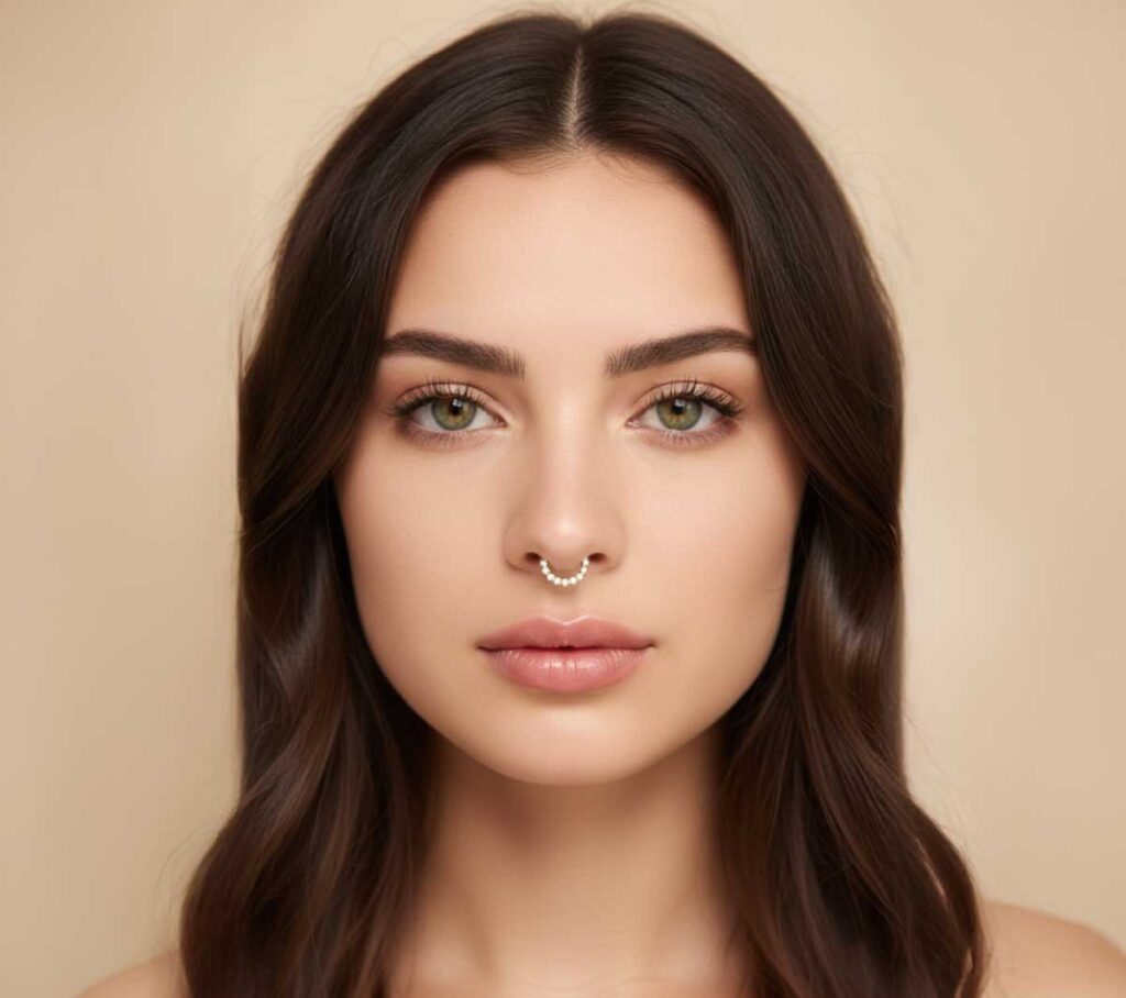 A closeup of a woman's face with a neutral expression and various piercings.