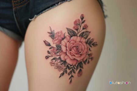 Chic thigh tattoo with delicate roses—perfect for a touch of femininity.