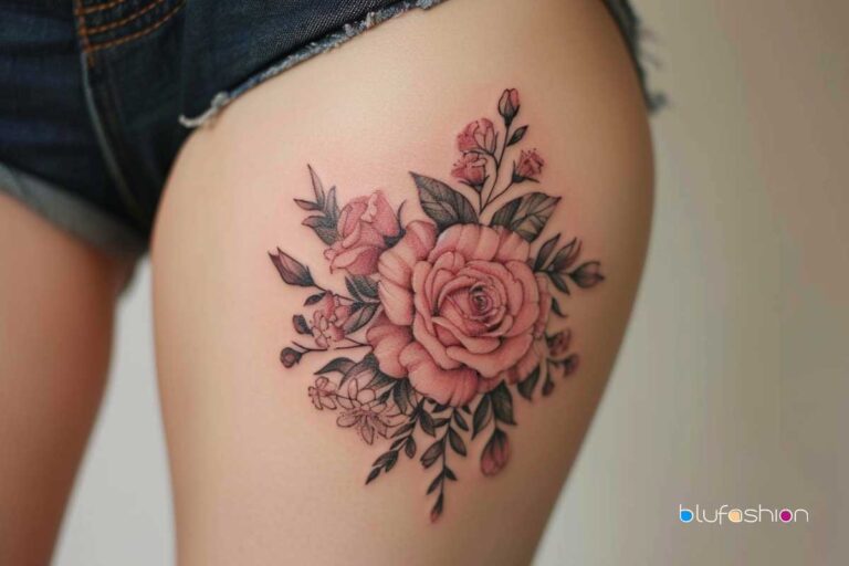 Chic thigh tattoo with delicate roses—perfect for a touch of femininity.