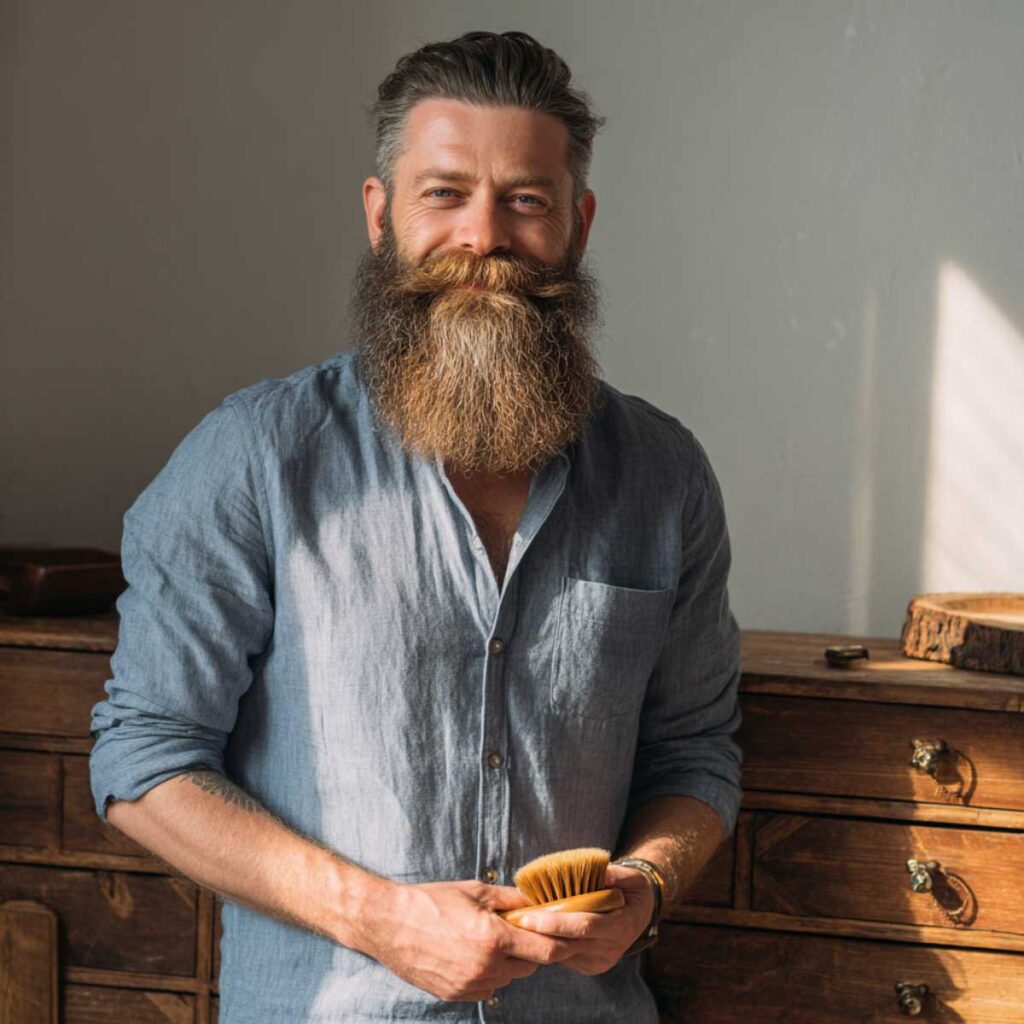 Man brushing full beard with a boar-bristle brush to stimulate follicles and make beard grow faster.