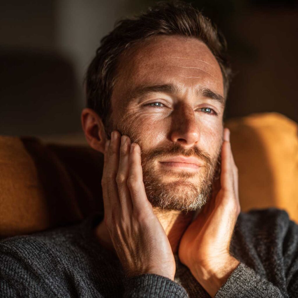Man massaging face and jawline to improve circulation and support beard growth faster and thicker.