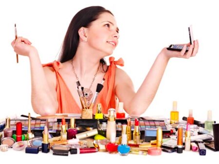 Woman Surrounded By Makeup
