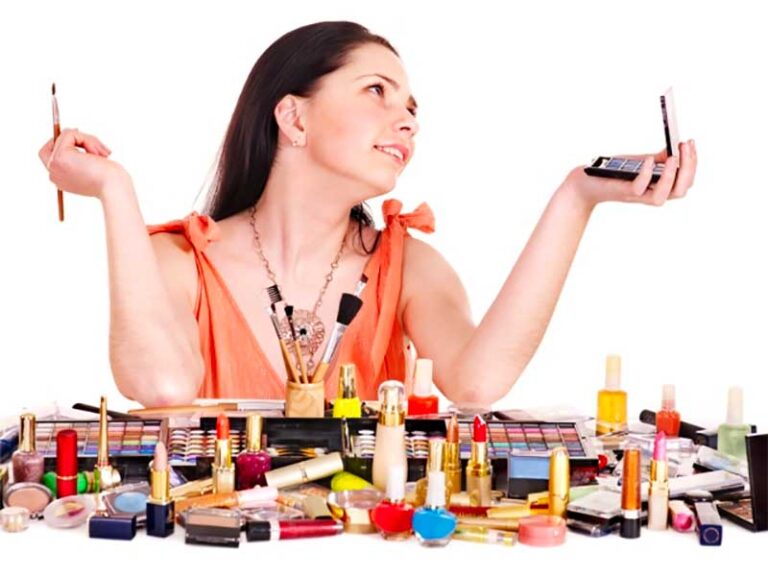 Woman Surrounded By Makeup