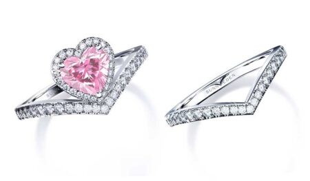 Heart Shape Pink Diamond Halo Engagement Ring and Matching Wedding Band