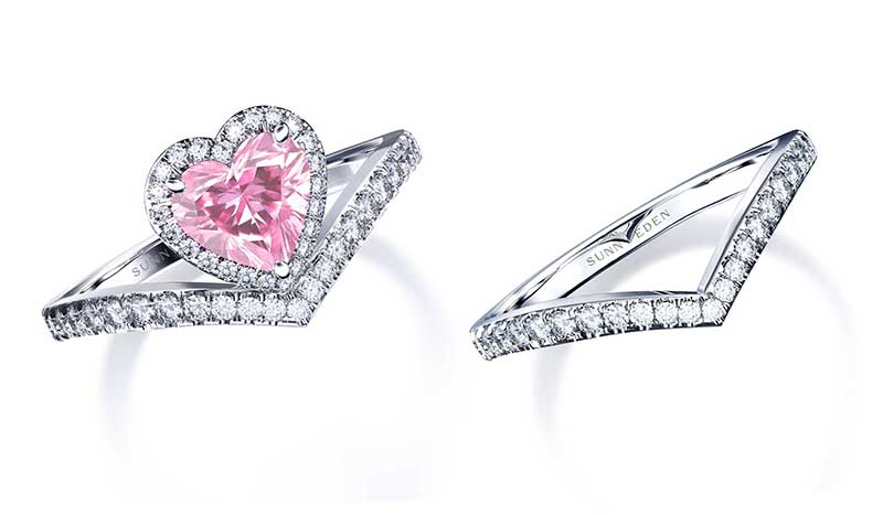 Heart Shape Pink Diamond Halo Engagement Ring and Matching Wedding Band