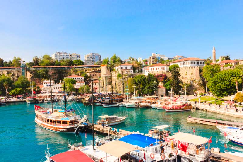 Landscape in Antalya. view of the mountains, sea, yachts and the city