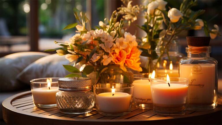 Wooden table with candles and flowers, creating a romantic and inviting atmosphere.