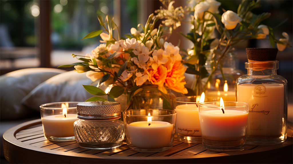 Wooden table with candles and flowers, creating a romantic and inviting atmosphere.
