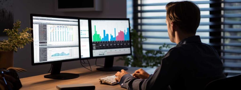 A man in an office studying descriptive analytics on his computer