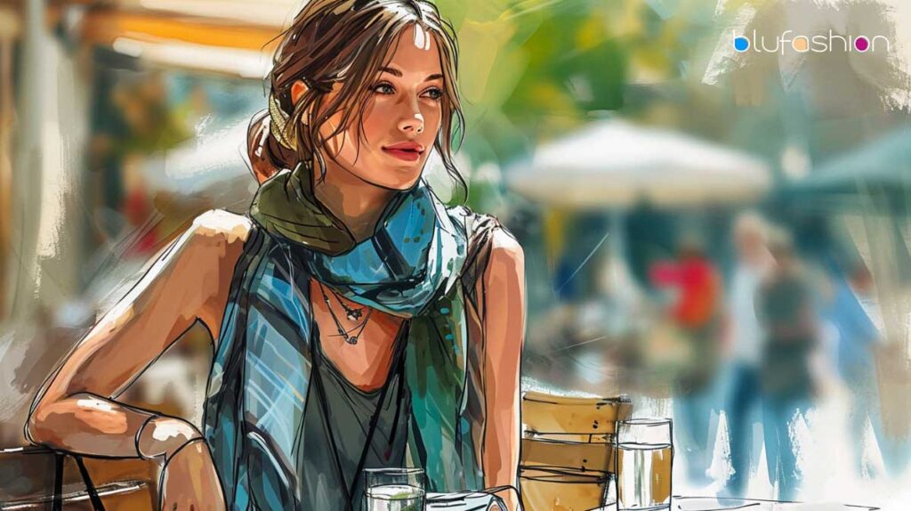 Chic woman with scarf sitting at a sidewalk cafe, casual elegance.