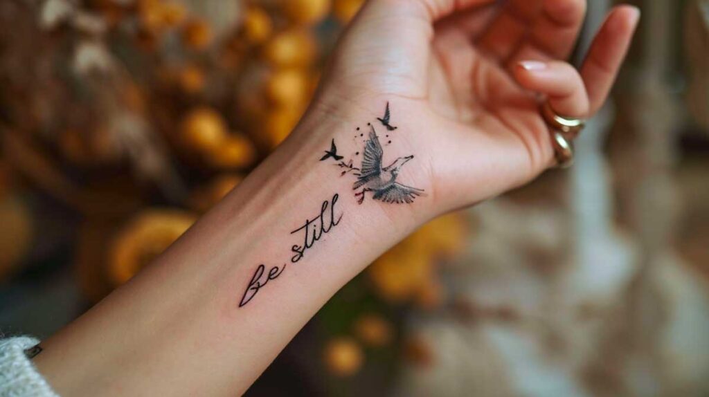 Close-up of a wrist tattoo with the phrase 'Be still' and a detailed drawing of a bird in flight surrounded by small stars.