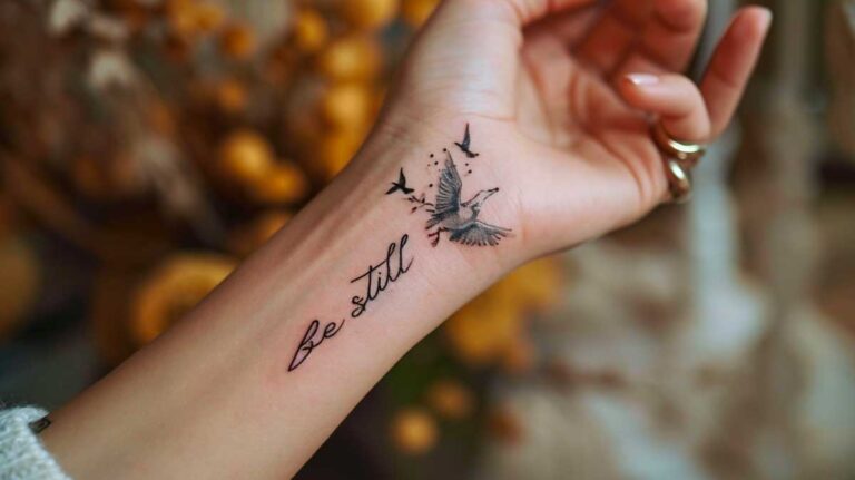 Close-up of a wrist tattoo with the phrase 'Be still' and a detailed drawing of a bird in flight surrounded by small stars.