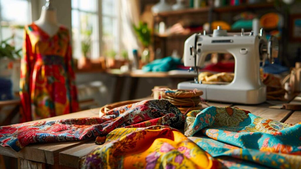 Colorful patterned fabrics on a table with a sewing machine and dress mannequin in a sunny workshop.