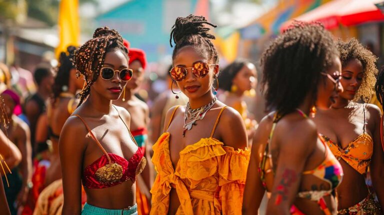 Group of women at Carnival with vibrant attire, colorful bikinis, and festive jewelry, exuding joy.