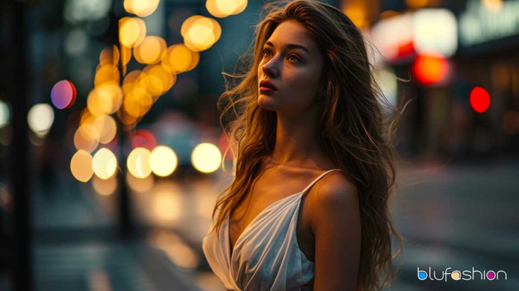 Elegant woman in a white dress against a blurred city lights backdrop.