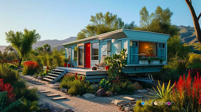 Mobile home with red door and teal accents surrounded by vibrant garden and mountain view.