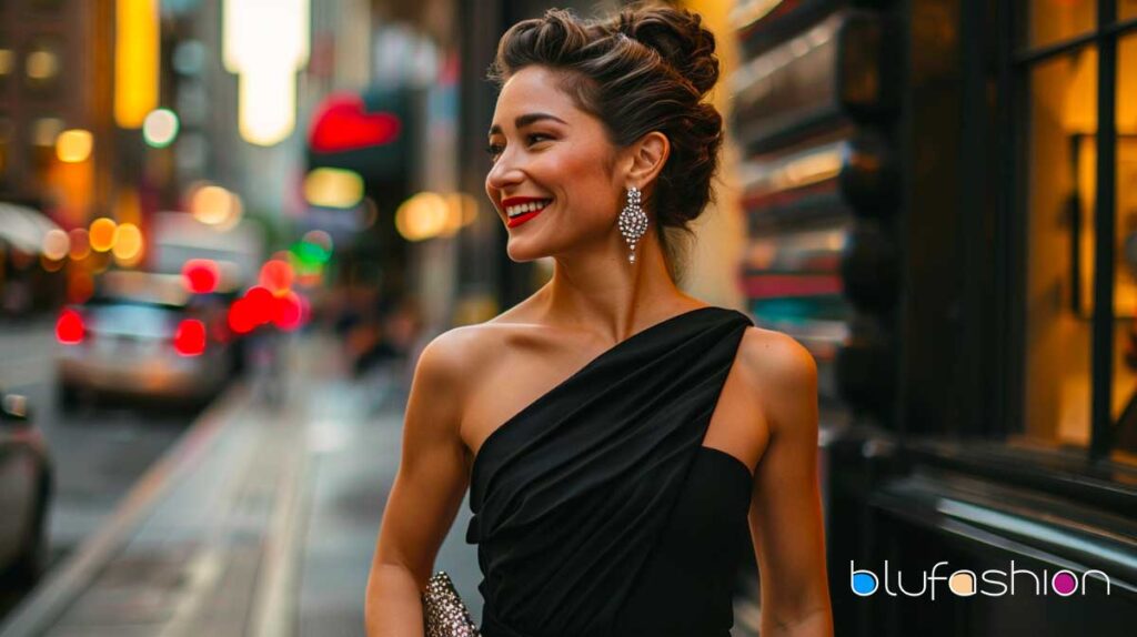 Stylish woman in black one-shoulder dress with elegant chandelier earrings, city backdrop.