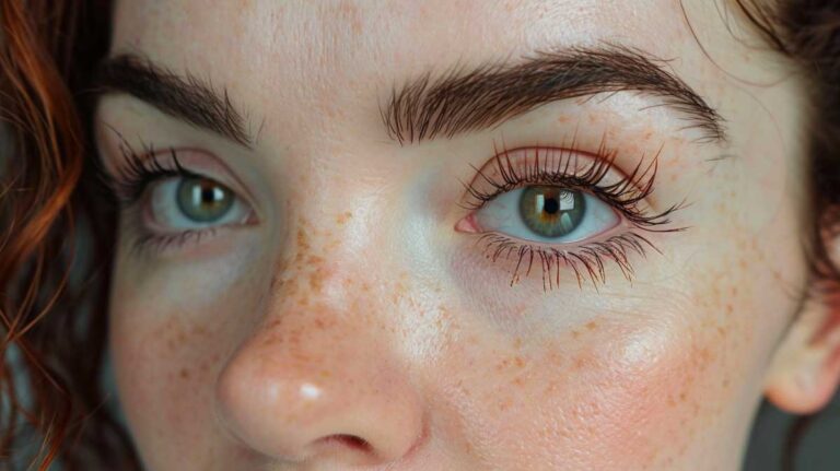 Close-up of a person with freckles and enhanced eyelashes after using growth serum.