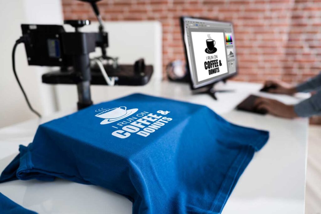 Blue custom-printed t-shirt with 'I run on coffee & donuts' design in a printing shop.