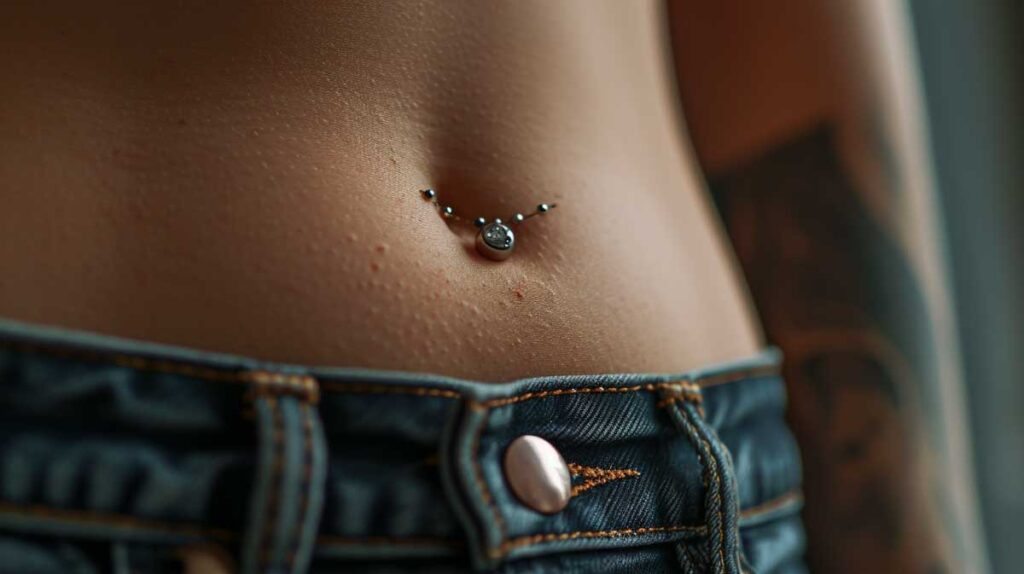 Close-up view of a floating navel piercing with a curved barbell on a tattooed person