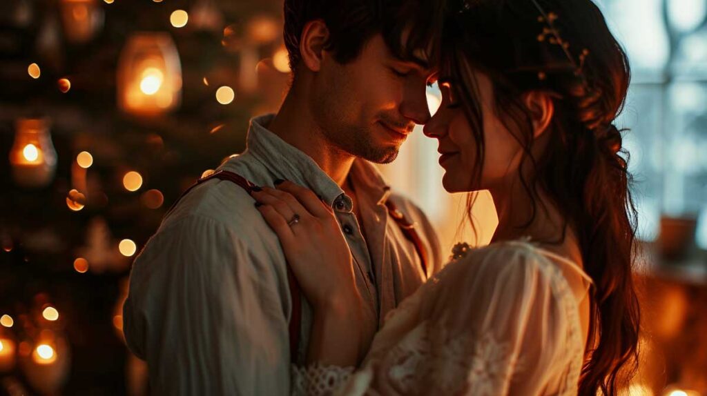 Intimate couple embracing with man's hand on woman's back amid warm lights.