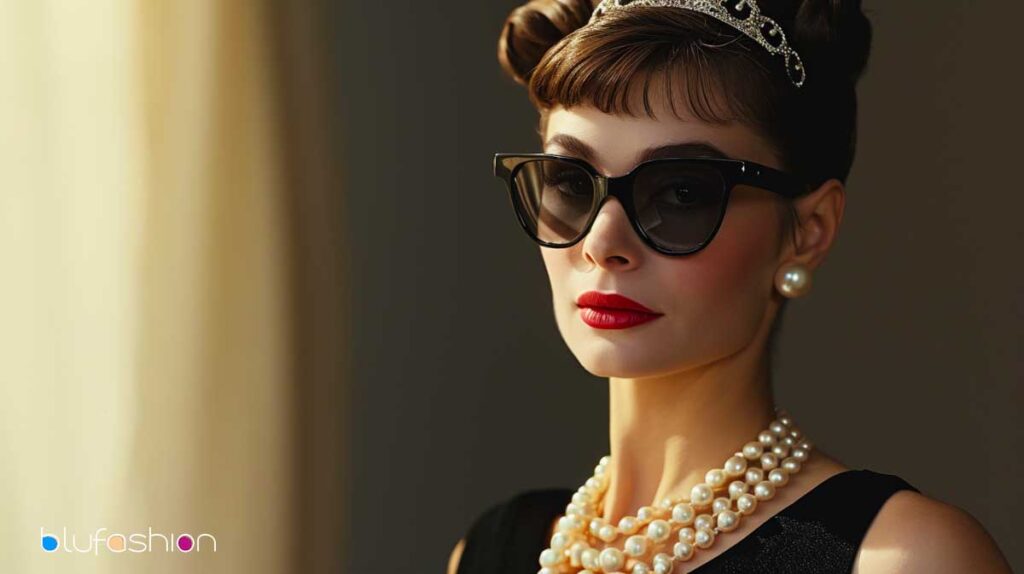 Fashionable woman with sunglasses, pearl necklace, and tiara in a vintage look