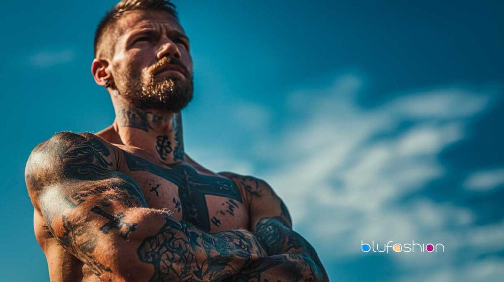 Muscular man with faith-inspired tattoos and prominent cross on shoulder.