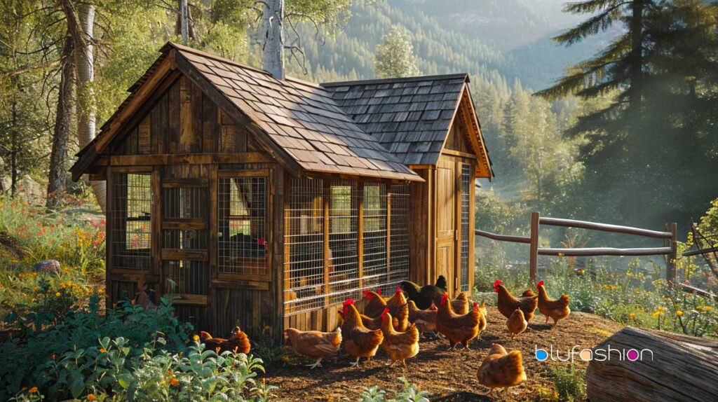 Rustic wooden chicken coop with wire mesh windows amidst vibrant garden and roaming chickens.