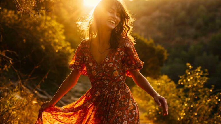 Joyful woman in a floral reclamation dress enjoying golden hour in a lush field
