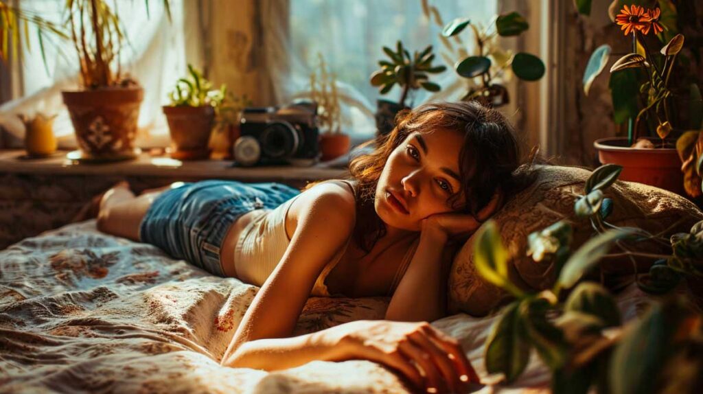 Portrait of a thoughtful woman lounging at home surrounded by houseplants and vintage camera.