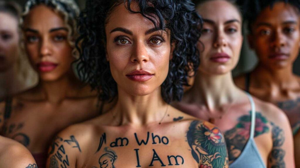 Group of diverse women with 'I Am Who I Am' tattoos in various fonts on collarbones and arms.