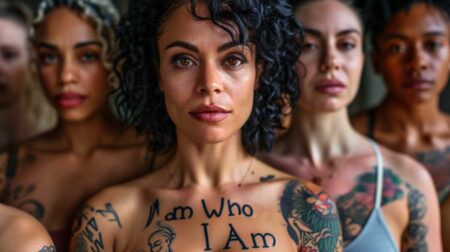 Group of diverse women with 'I Am Who I Am' tattoos in various fonts on collarbones and arms.