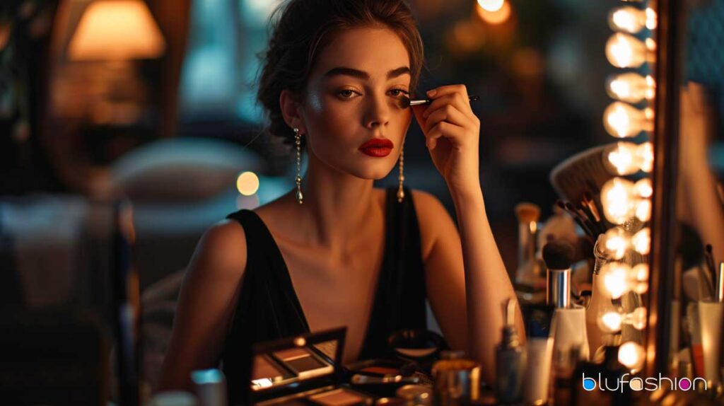 Elegant woman applying makeup in mirror, surrounded by warm lights.