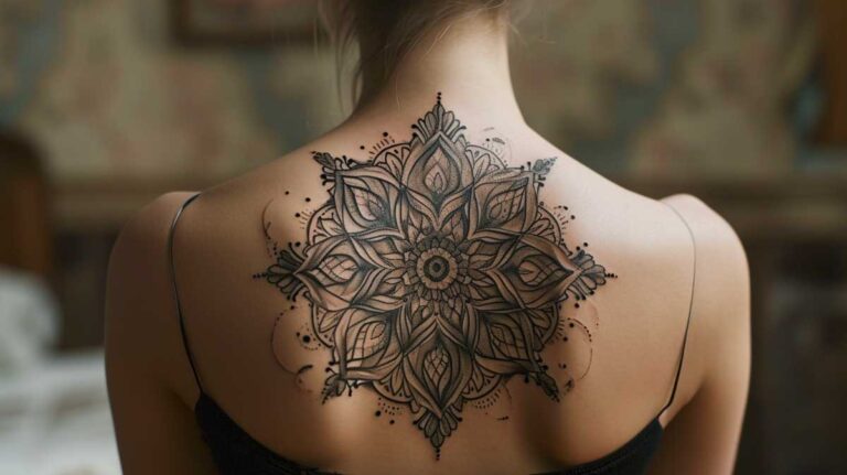 Elegant mandala light tattoo with fine lines and dot work on woman's back.