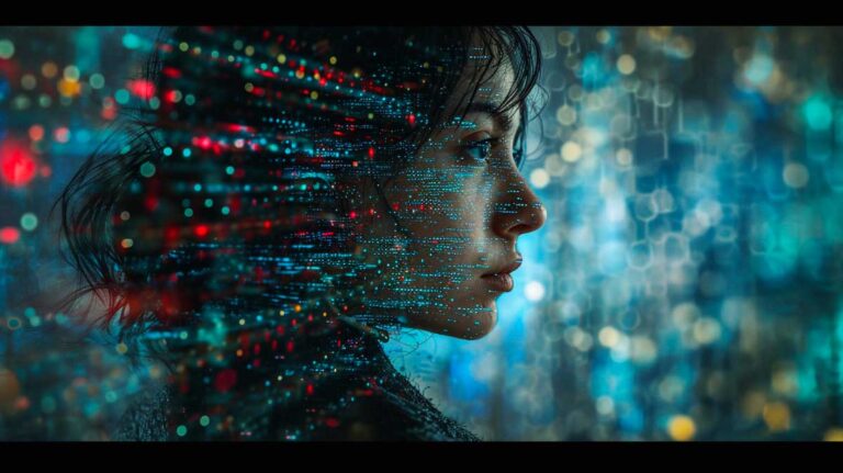 Profile of a woman with digital pixel overlay, symbolizing modern technology and data privacy concepts.