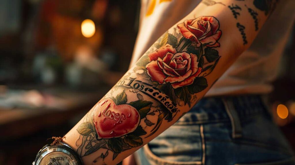 Vibrant loser lover tattoo on arm with red roses and heart, symbolizing heartbreak.