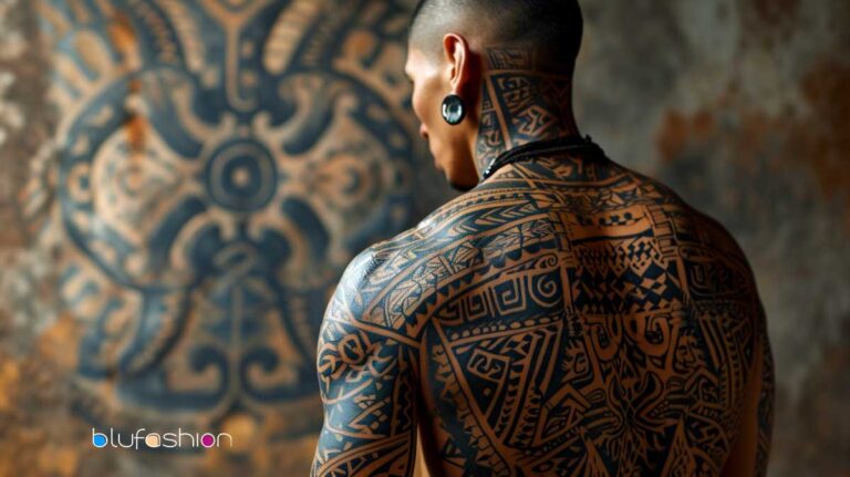 Man with intricate Polynesian tribal tattoo covering entire back, symbolizing strength and heritage.
