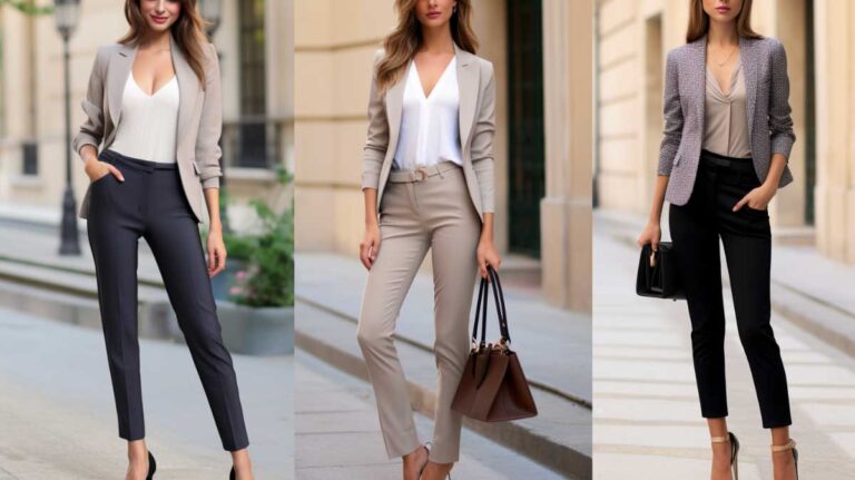 Petite woman in fitted blazer and cropped pants, looking stylish in an urban setting