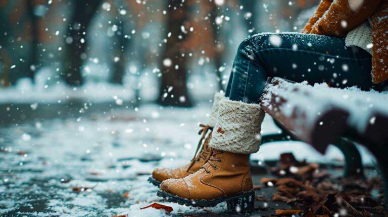 Person wearing cozy cashmere leg warmers on boots, seated on snowy bench in winter setting.