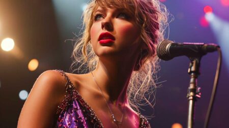 Taylor Swift onstage in sparkling Speak Now tour dress, singing into microphone with bright stage lights behind her.