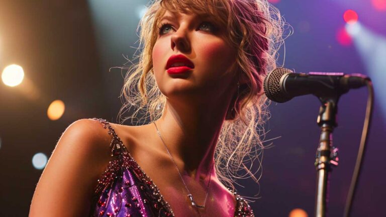 Taylor Swift onstage in sparkling Speak Now tour dress, singing into microphone with bright stage lights behind her.