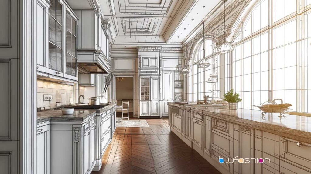 Sketch and photo fusion of a classic kitchen with detailed corner cabinets and elegant decor.