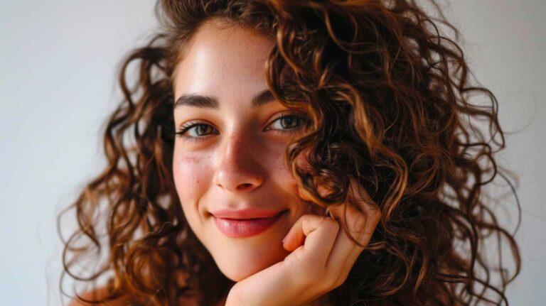 Portrait of a smiling young woman with vibrant curly hair and bright blue eyes, close-up view.
