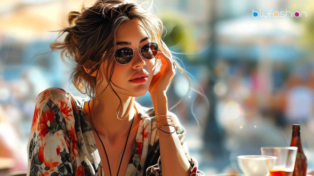 Stylish woman with sunglasses at a cafe, enjoying a sunny day.