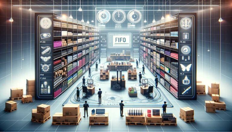 Futuristic vape product warehouse with FIFO system and workers managing inventory.