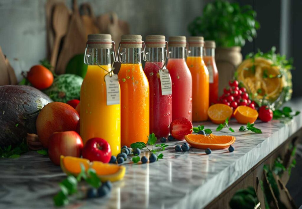 Assorted fresh juice bottles with tags and raw fruits on marble counter for detox cleanse.