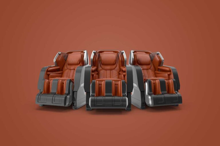 Luxury brown massage chairs against a terracotta background, showcasing comfort and style.