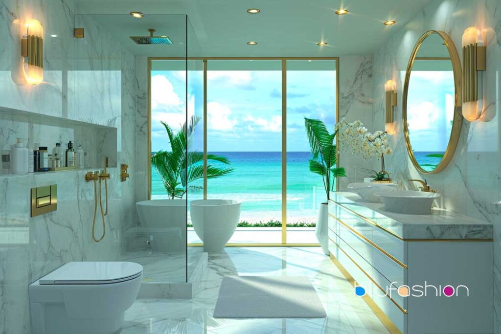 Ocean-view bathroom with marble interior, gold fixtures, and tropical plants by the window.