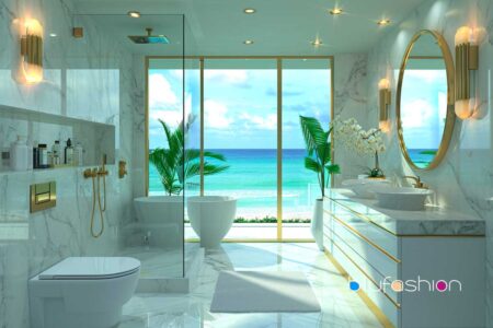 Ocean-view bathroom with marble interior, gold fixtures, and tropical plants by the window.