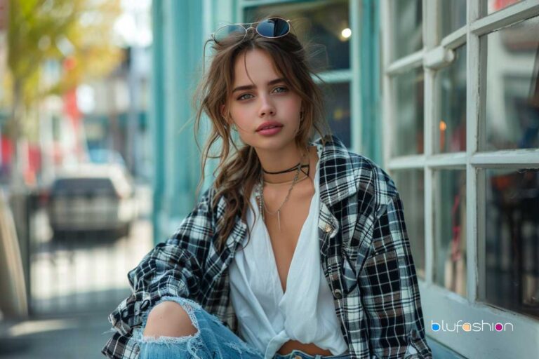 Embrace effortless street style with a classic black and white checkered shacket and ripped jeans.
